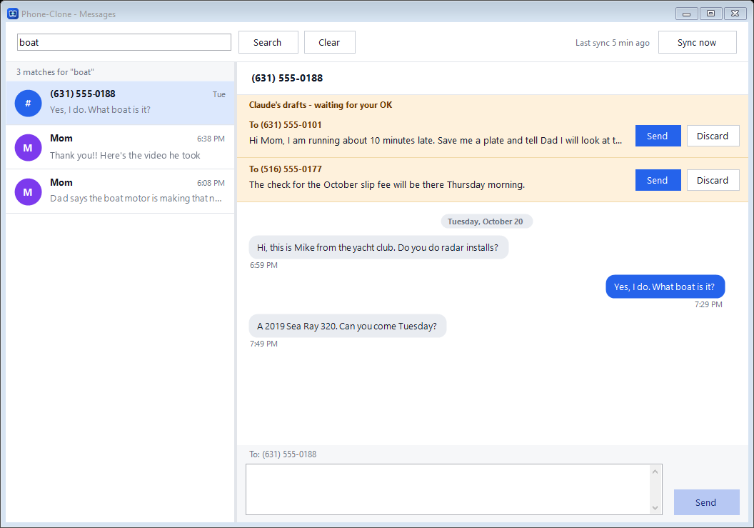 The Phone-Clone Messages window: a search for the word boat, the matching texts, and two replies Claude drafted waiting for an OK.